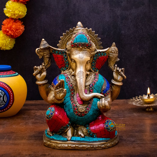 Brass Ganpati Idol Stone Work For Home Temple Decor 9"
