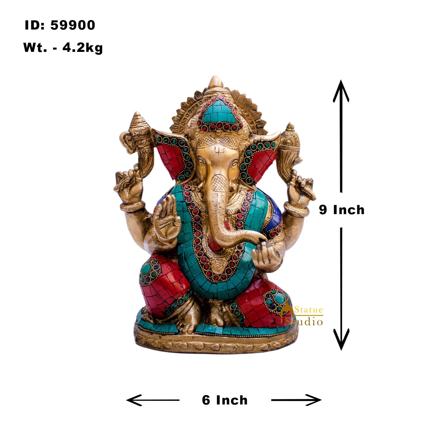 Brass Ganpati Idol Stone Work For Home Temple Decor 9" - Image 7