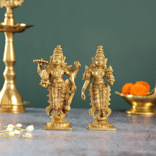 Sama Homes-6 inch brass standing vishnu and lakshmi idols superfine pair