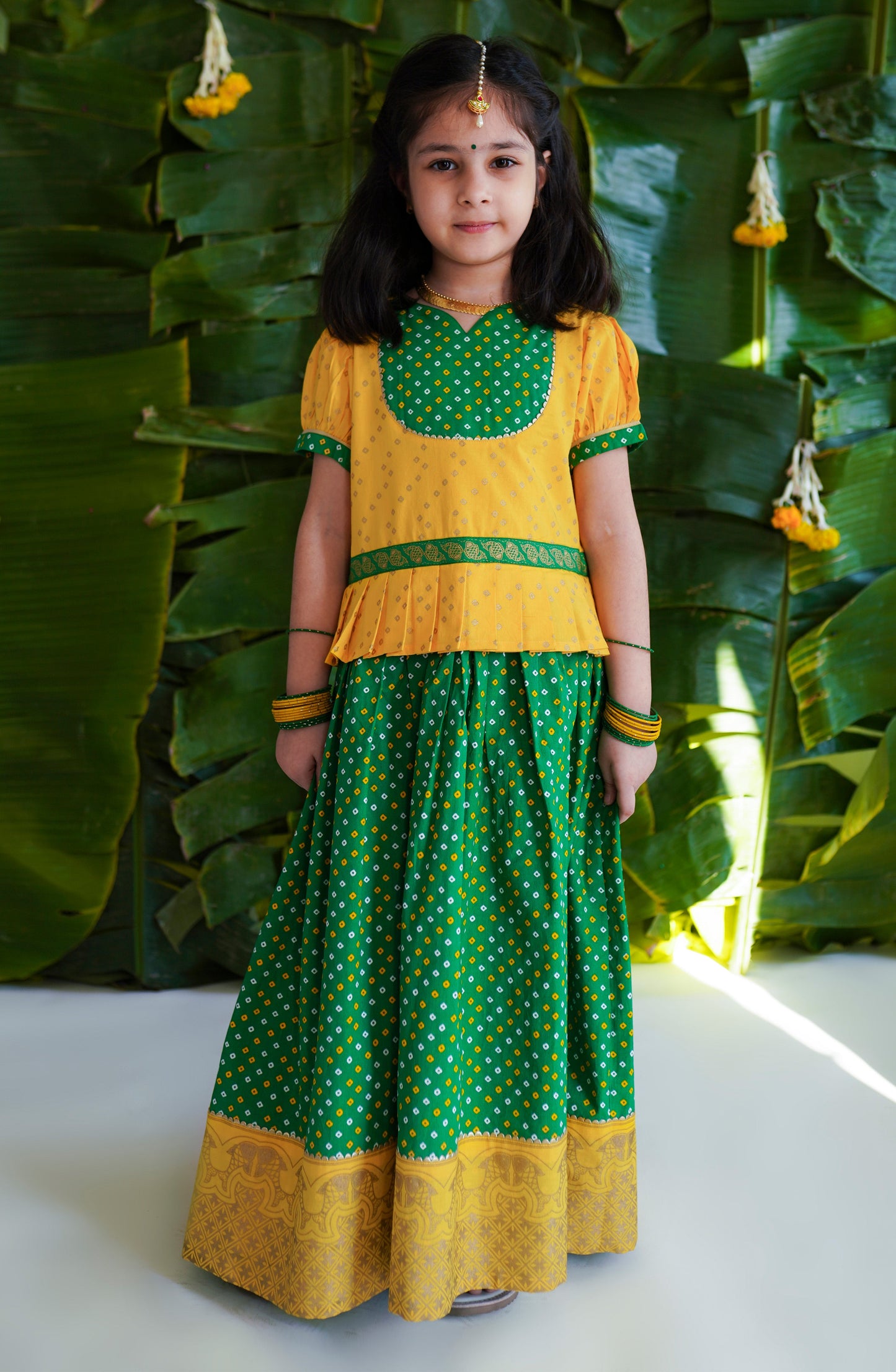 Girl Bandhani Pattu Pavdai-Yellow