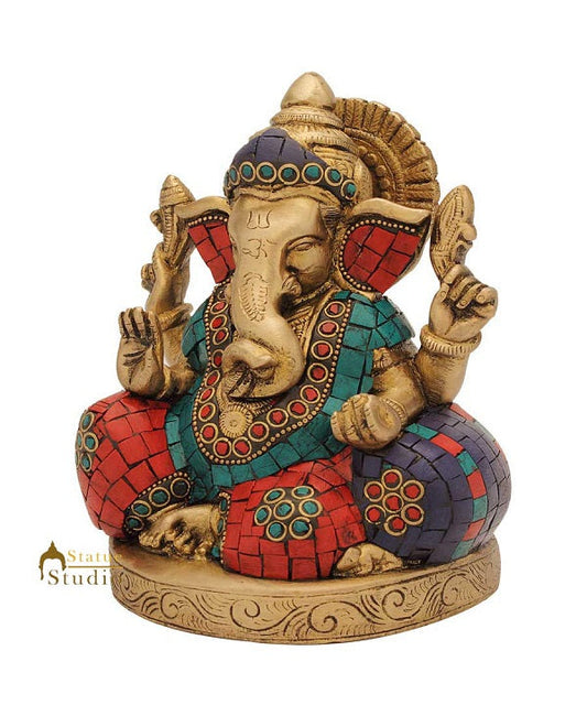 Brass ganesh elephant lord hindu gods hinduism turquoise coral religious art 6"