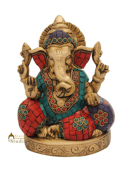 Brass ganesh elephant lord hindu gods hinduism turquoise coral religious art 6" by vendor-unknown - Hindu Gods (View 2)