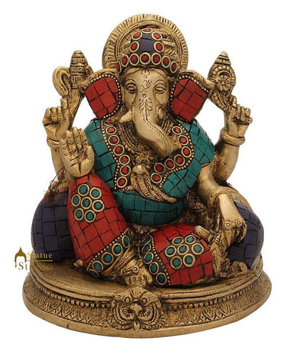Brass ganesh elephant lord india gods hinduism turquoise coral religious art 6" by vendor-unknown - Hindu Gods