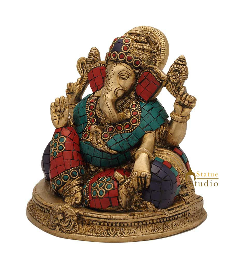 Brass ganesh elephant lord india gods hinduism turquoise coral religious art 6" - Image 3