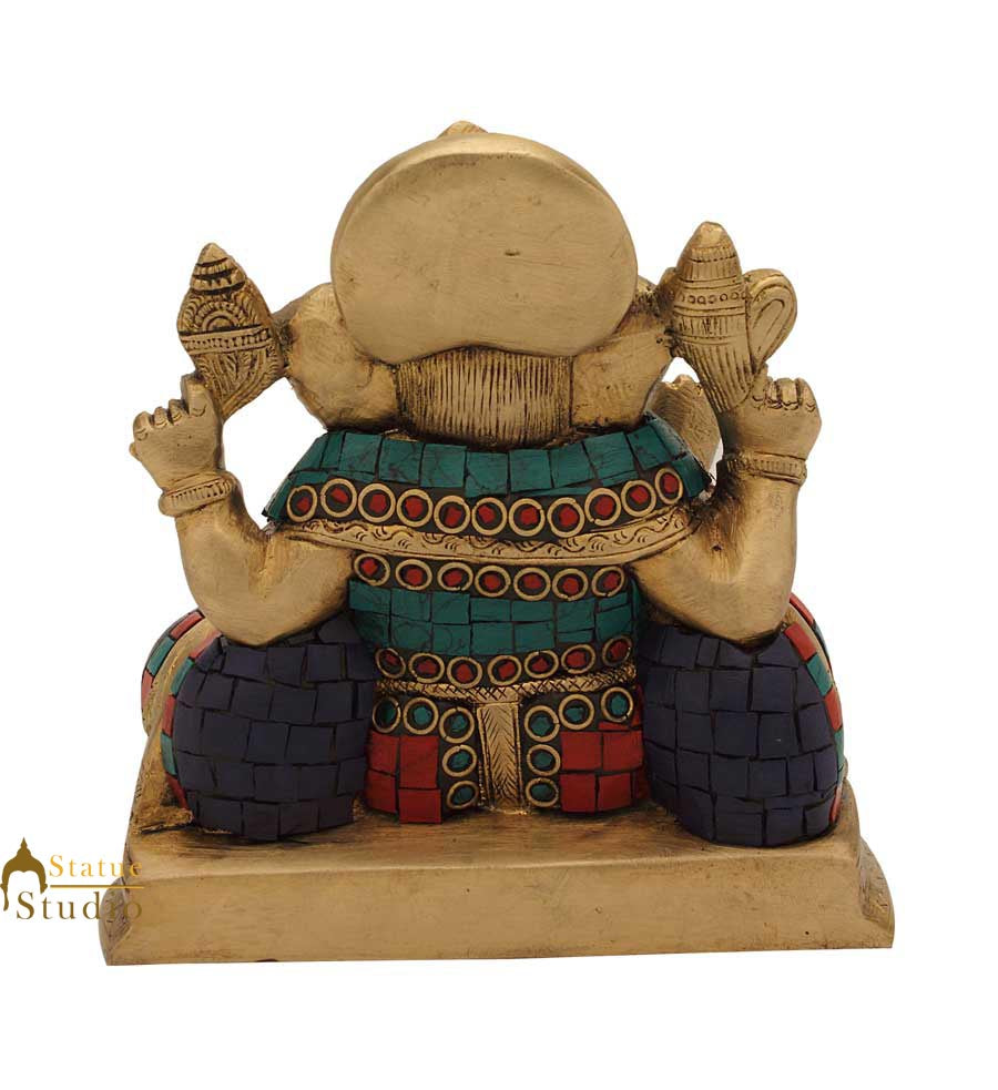 Brass ganesh elephant lord india gods hinduism turquoise coral religious art 6"