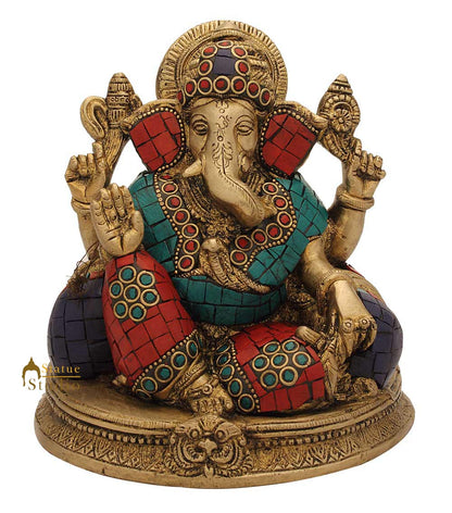 Brass ganesh elephant lord india gods hinduism turquoise coral religious art 6" by vendor-unknown - Hindu Gods (View 2)