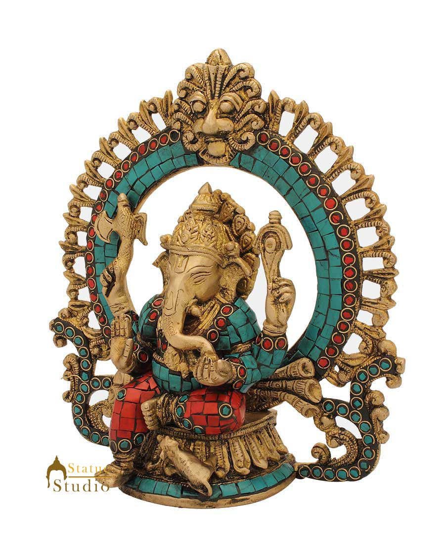 Hindu god elephant lord ganesha nepal turquoise coral beads religious decor 9" - Image 3