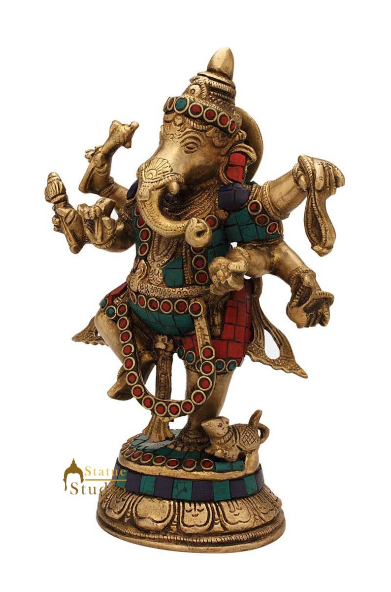 Brass Dancing Ganesha Idol Stone Work For Home decor Showpiece 9"