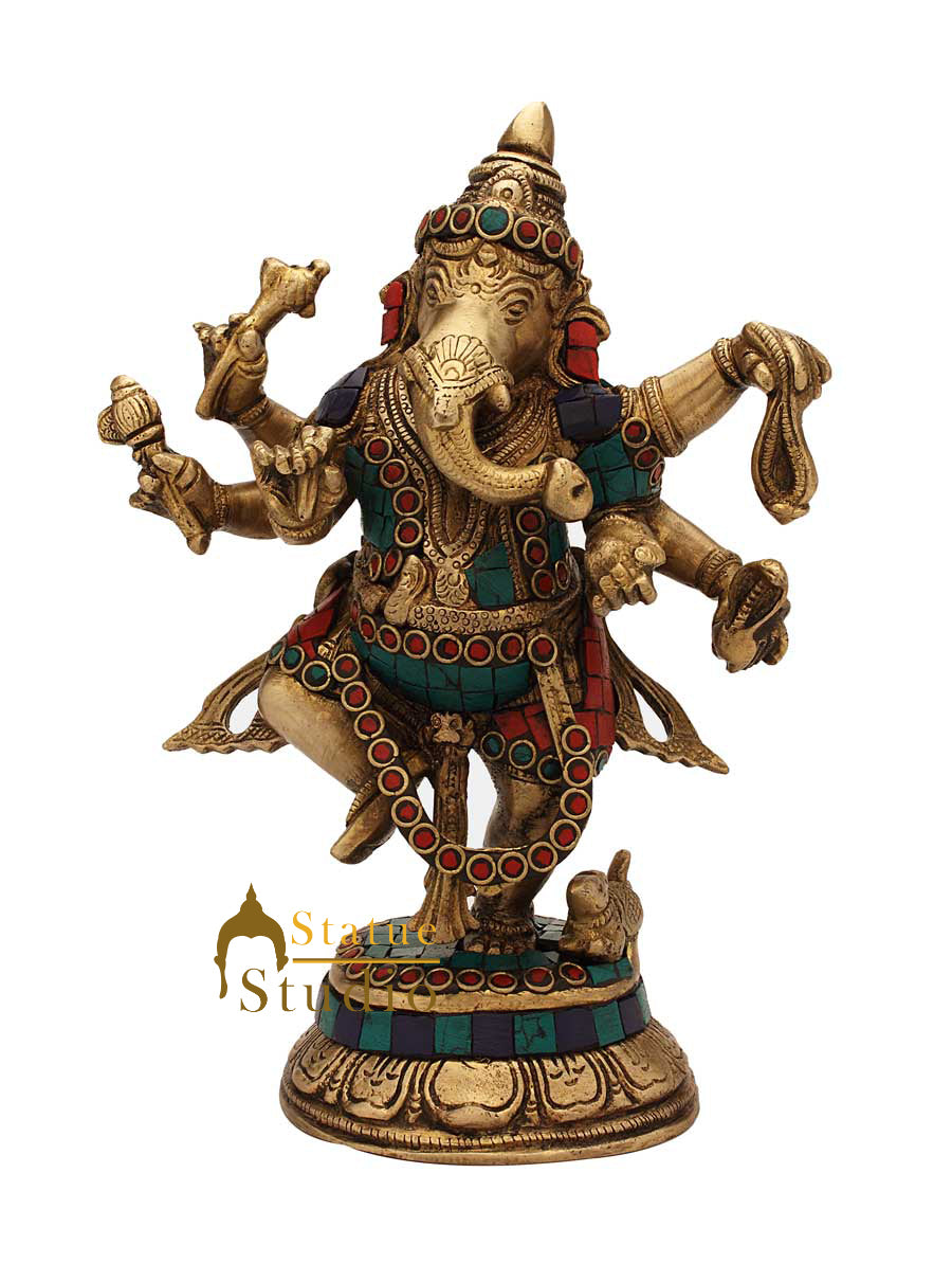 Brass Dancing Ganesha Idol Stone Work For Home decor Showpiece 9"