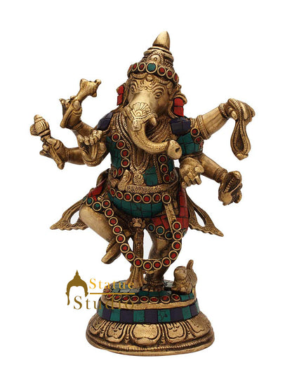 Brass Dancing Ganesha Idol Stone Work For Home decor Showpiece 9" by vendor-unknown - Hindu Gods (View 3)