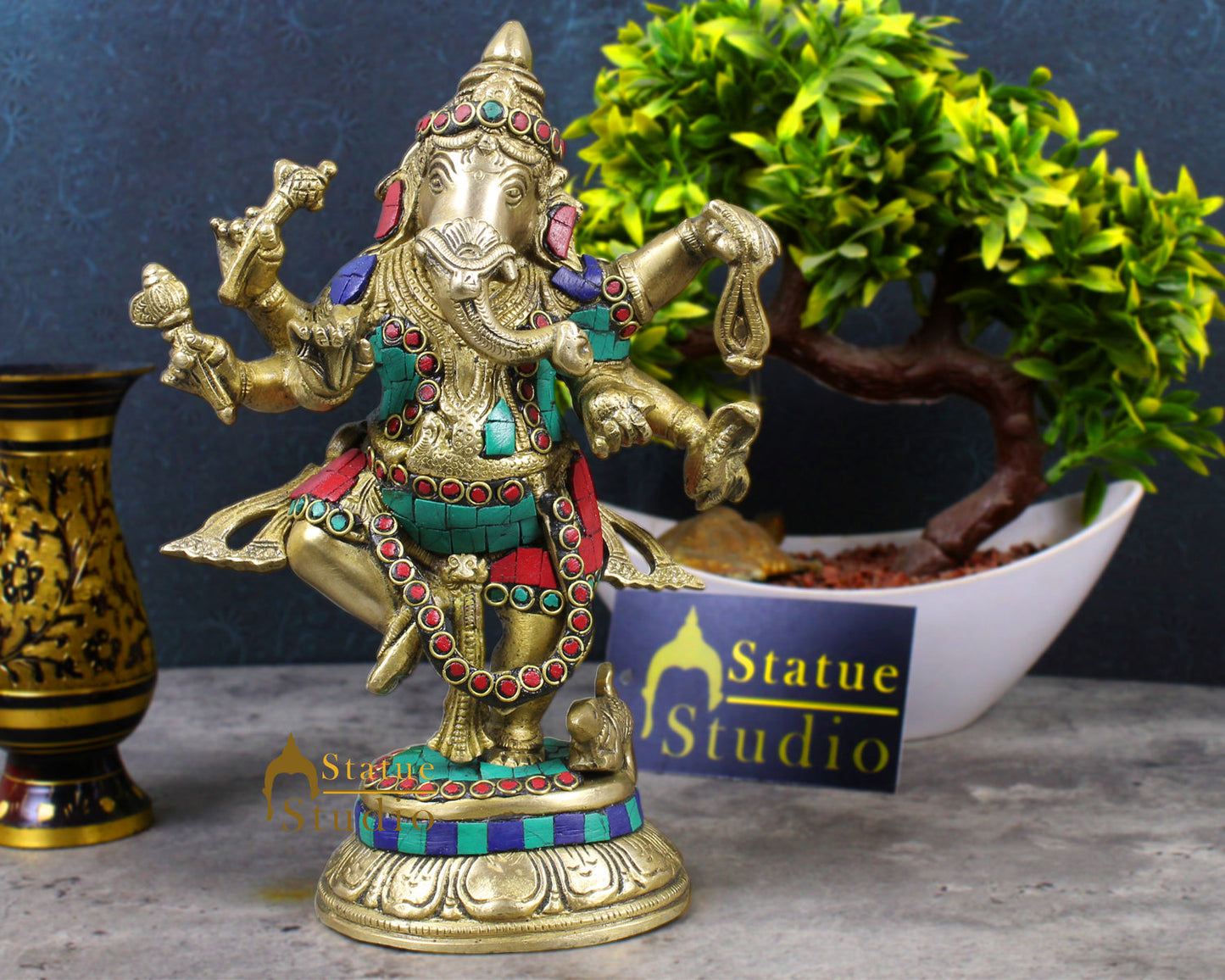 Brass Dancing Ganesha Idol Stone Work For Home decor Showpiece 9"