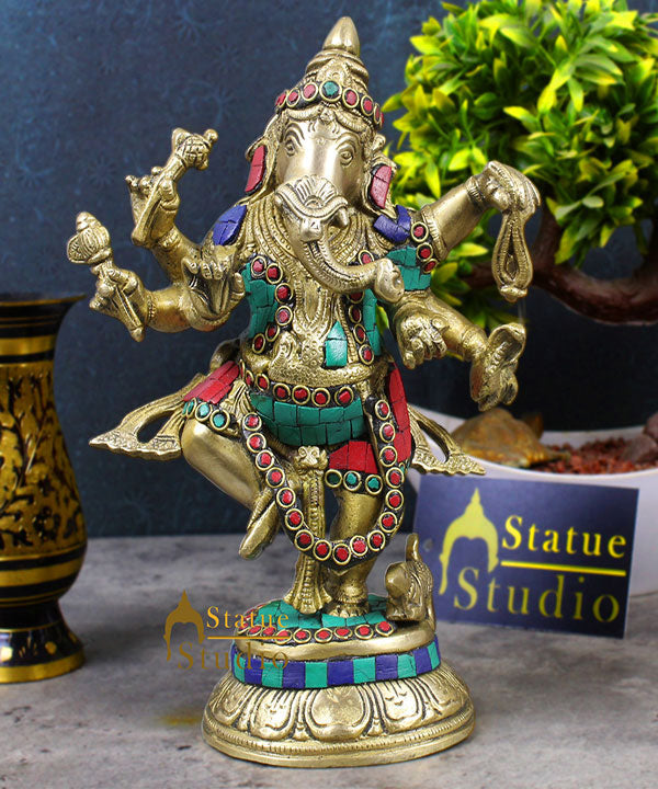 Brass Dancing Ganesha Idol Stone Work For Home decor Showpiece 9" - Image 2
