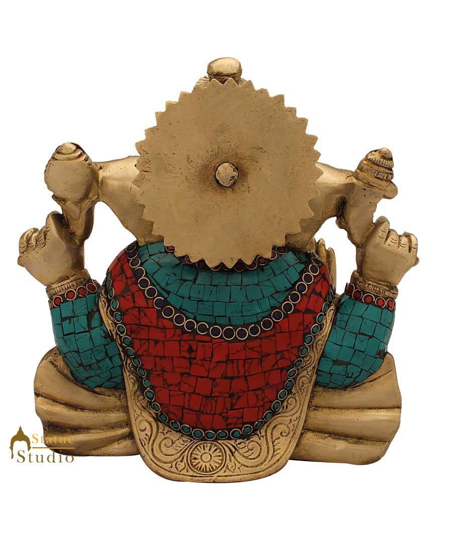 Hindu god elephant lord ganesha statue nepal turquoise coral religious decor 9" - Image 4