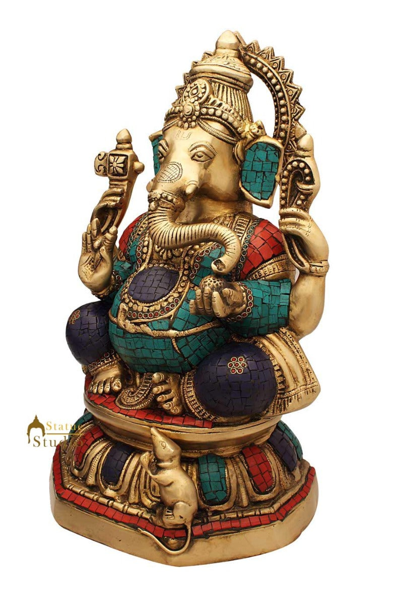 Elephant lord hindu gods ganesh statue nepal turquoise coral religious décor 16" - Image 3