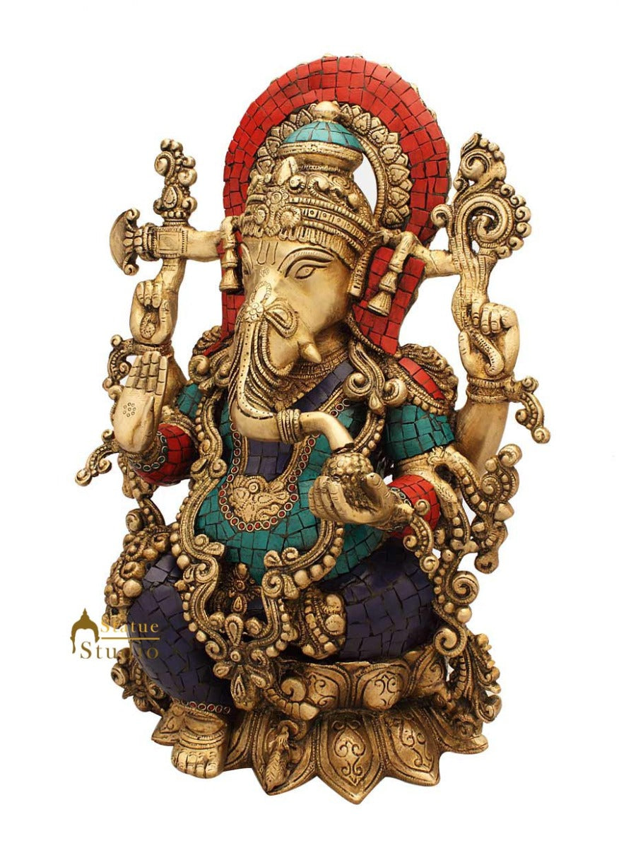 Brass Ganesha Statue Sitting On Lotus Stone Work For Home Décor 16"