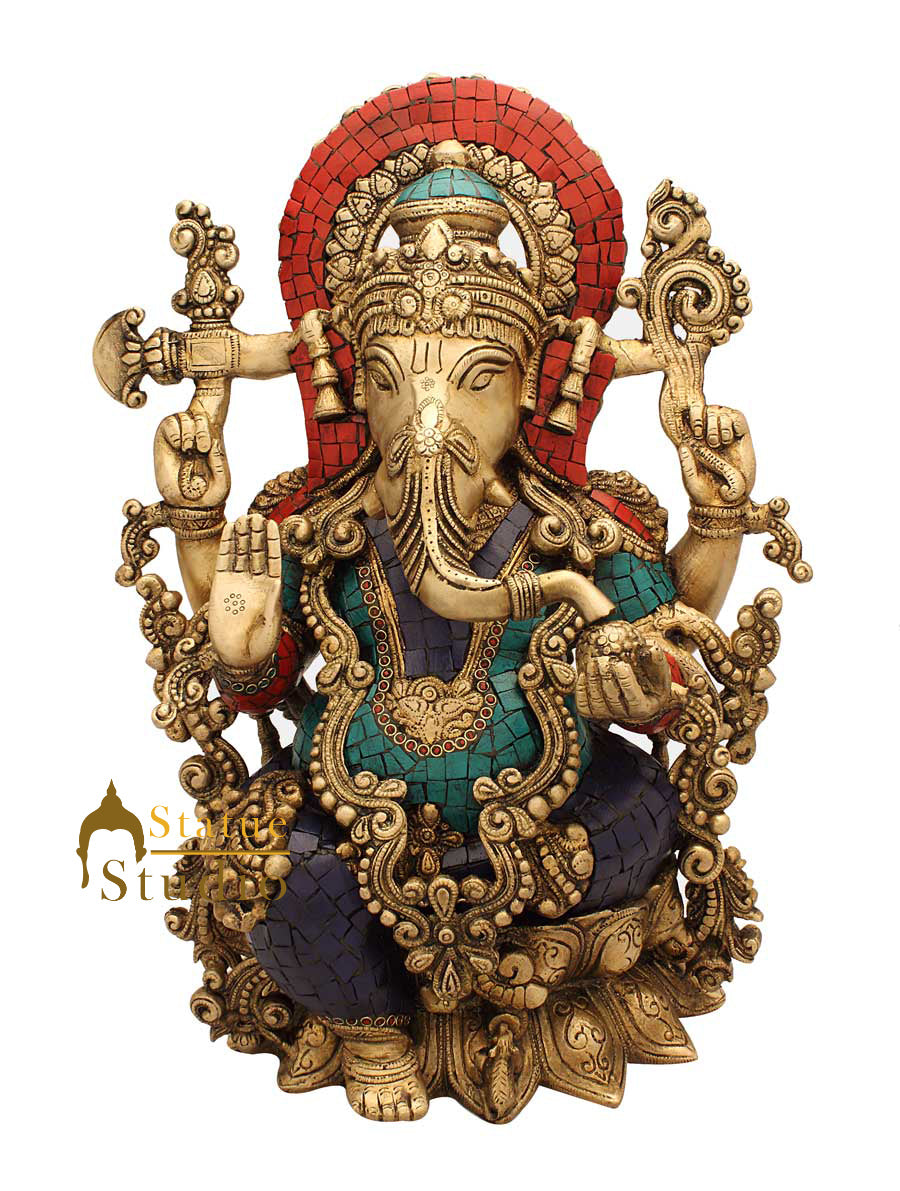 Brass Ganesha Statue Sitting On Lotus Stone Work For Home Décor 16"