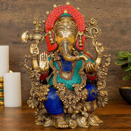 Brass Ganesha Statue Sitting On Lotus Stone Work For Home Décor 16"