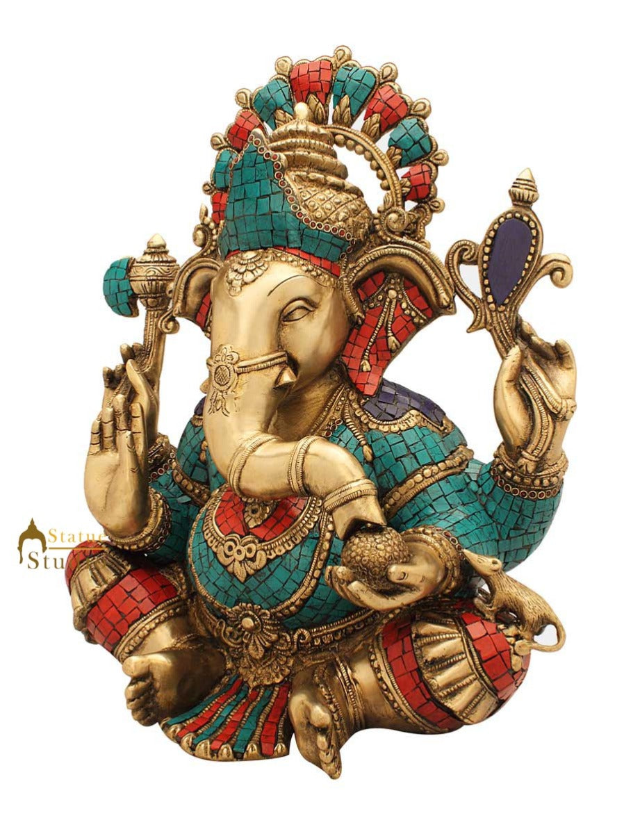 Brass Large Sitting Ganesha Statue Stone Work For Home Decor 1.5 Feet - Image 3