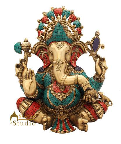Brass Large Sitting Ganesha Statue Stone Work For Home Decor 1.5 Feet by vendor-unknown - Hindu Gods (View 2)