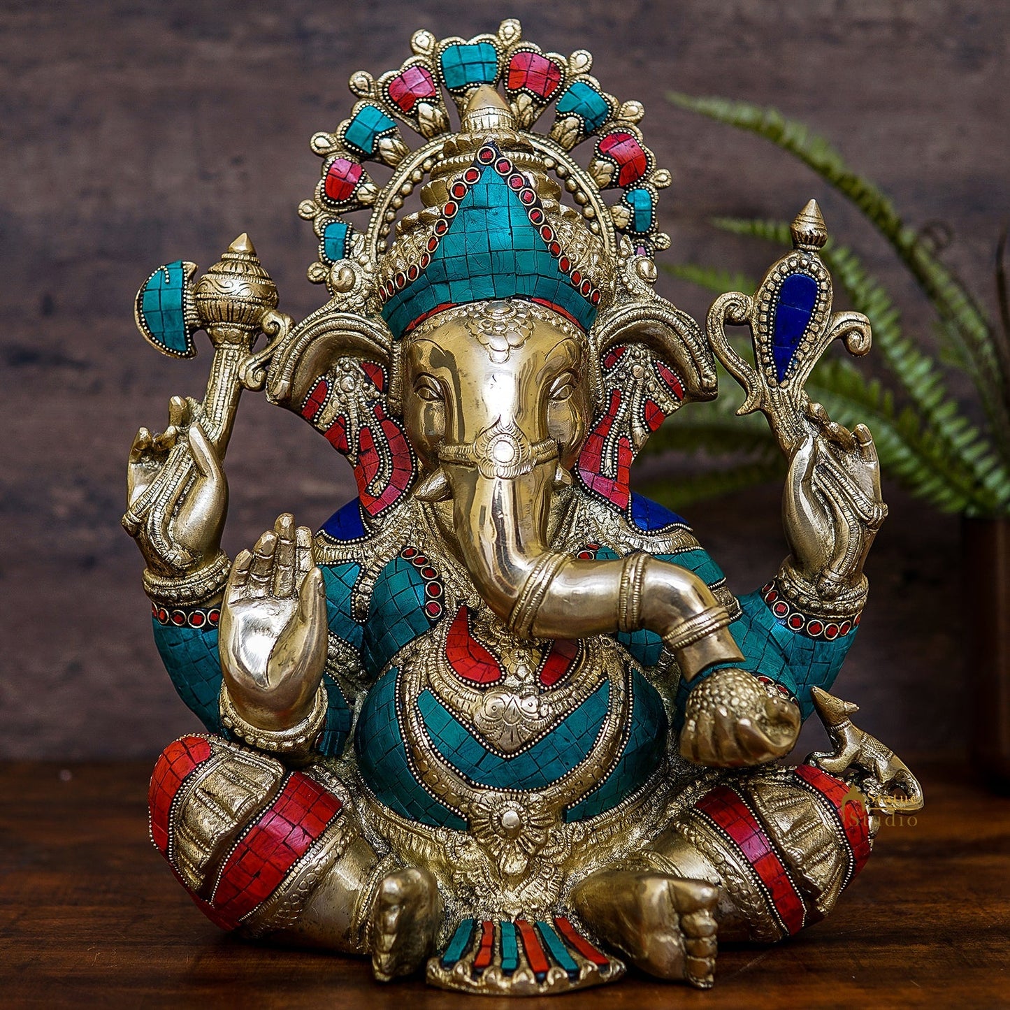 Brass Large Sitting Ganesha Statue Stone Work For Home Decor 1.5 Feet