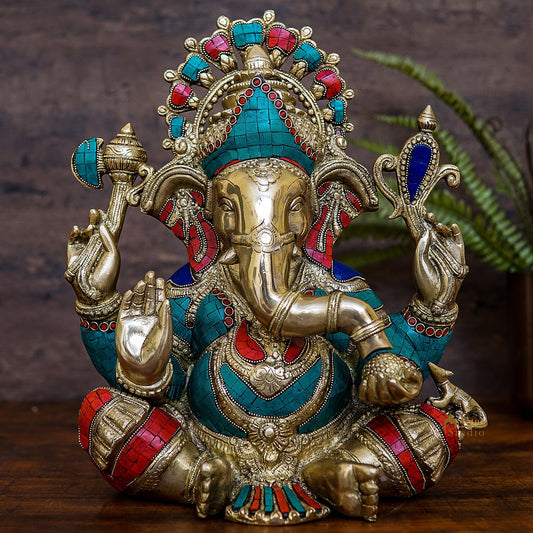 Brass Large Sitting Ganesha Statue Stone Work For Home Decor 1.5 Feet