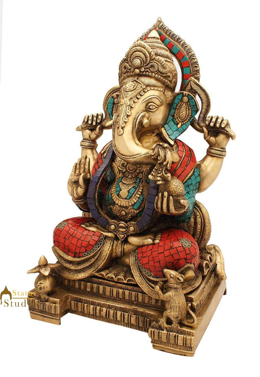 Brass Large Ganesha Idol Sitting On Base Stone Work For Home Decor 1.5 Feet