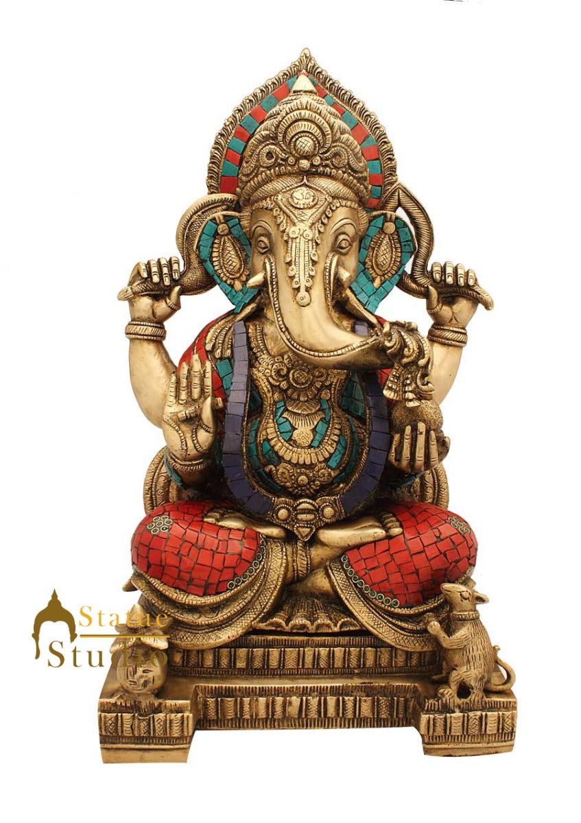 Brass Large Ganesha Idol Sitting On Base Stone Work For Home Decor 1.5 Feet