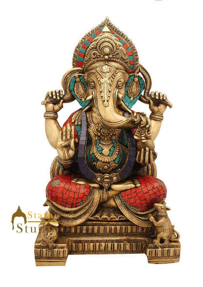 Brass Large Ganesha Idol Sitting On Base Stone Work For Home Decor 1.5 Feet by vendor-unknown - Hindu Gods (View 2)