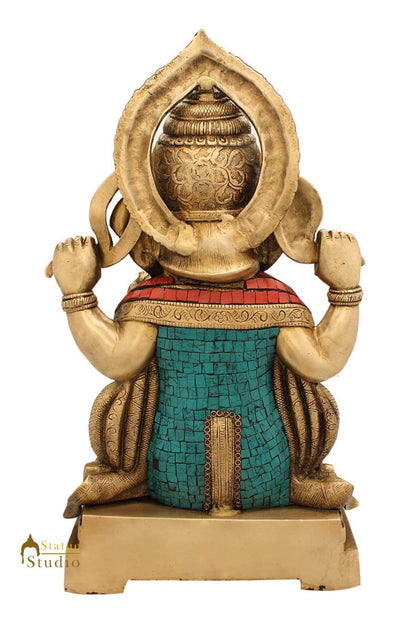 Brass Large Ganesha Idol Sitting On Base Stone Work For Home Decor 1.5 Feet by vendor-unknown - Hindu Gods (View 4)