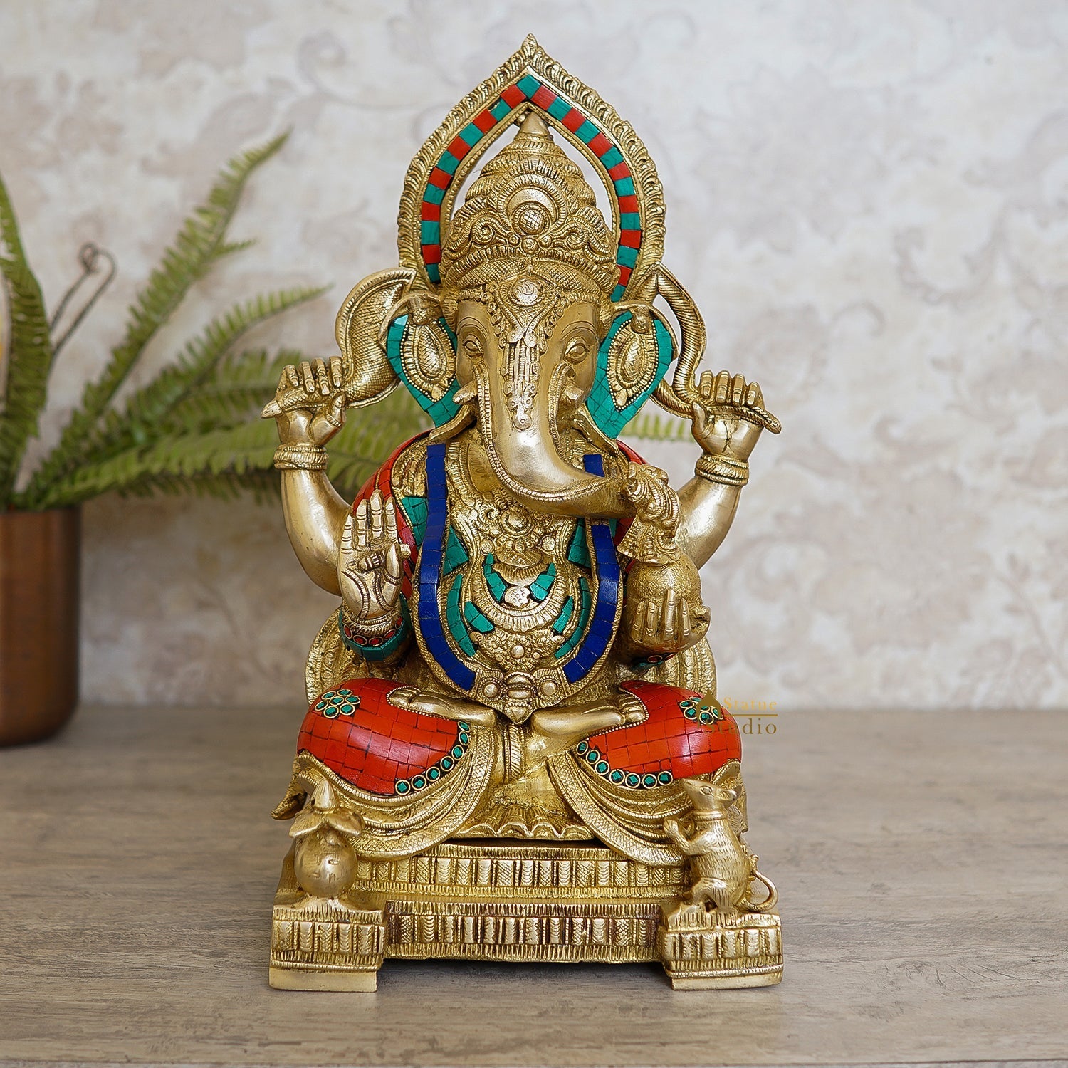 Brass Large Ganesha Idol Sitting On Base Stone Work For Home Decor 1.5 Feet - Eco-friendly - Sama Homes