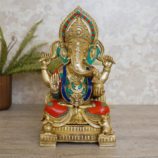 Brass Large Ganesha Idol Sitting On Base Stone Work For Home Decor 1.5 Feet