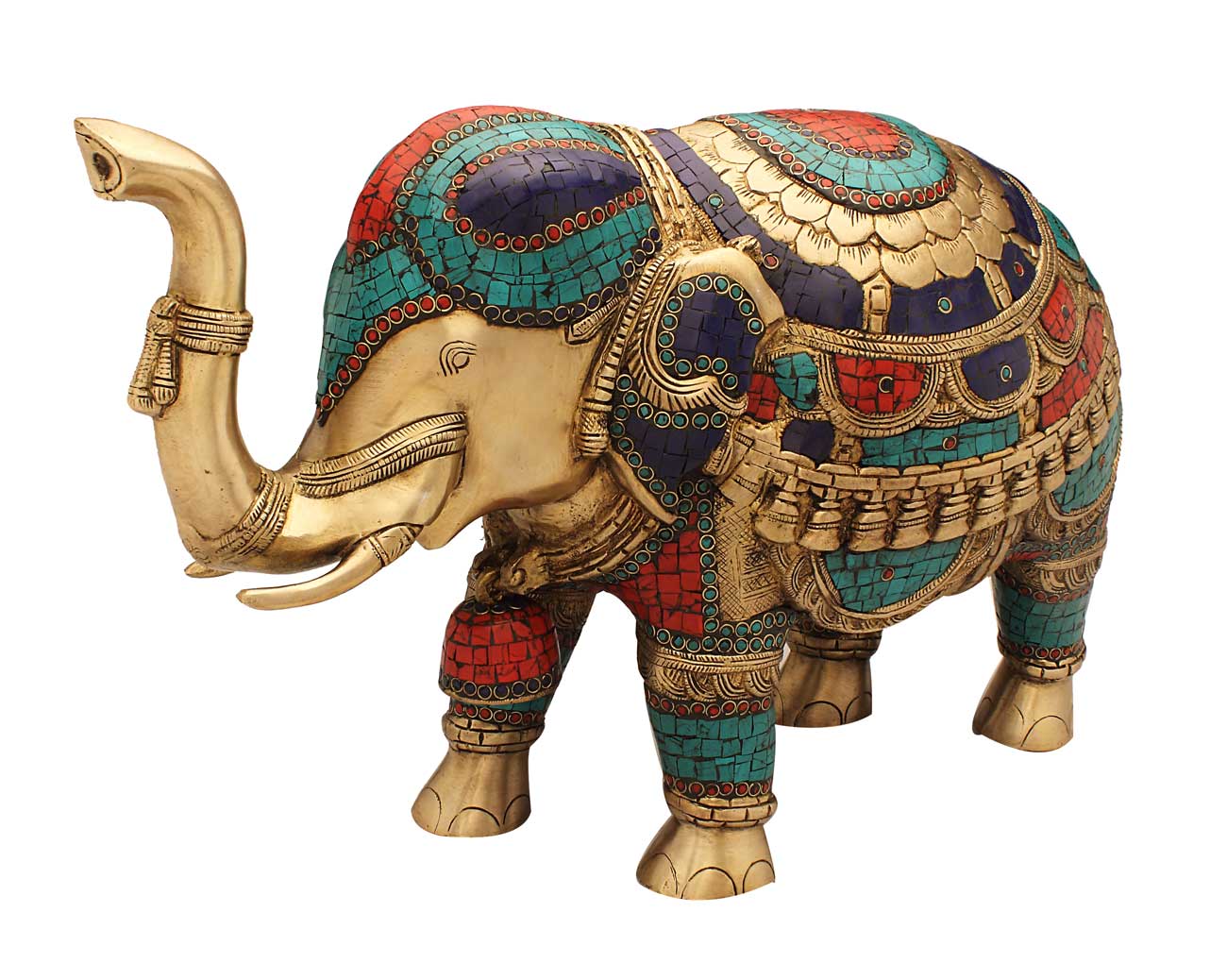 Feng Shui Brass animal india figurine turquoise coral elephant statue 15" - Image 2