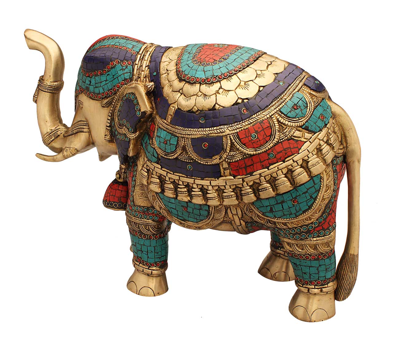 Feng Shui Brass animal india figurine turquoise coral elephant statue 15" - Image 3