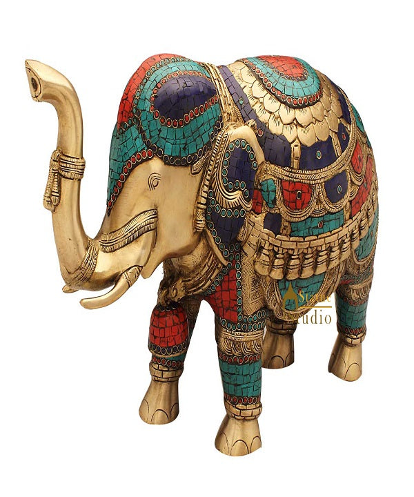 Feng Shui Brass animal india figurine turquoise coral elephant statue 15"
