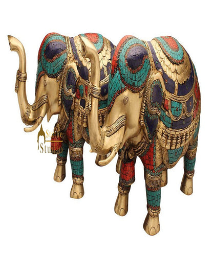 Feng Shui Brass animal india figurine turquoise coral elephant pair statue 15" by vendor-unknown - Decor