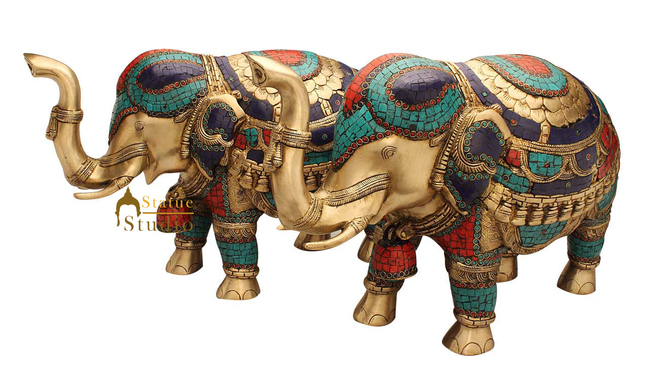 Feng Shui Brass animal india figurine turquoise coral elephant pair statue 15" - Image 2