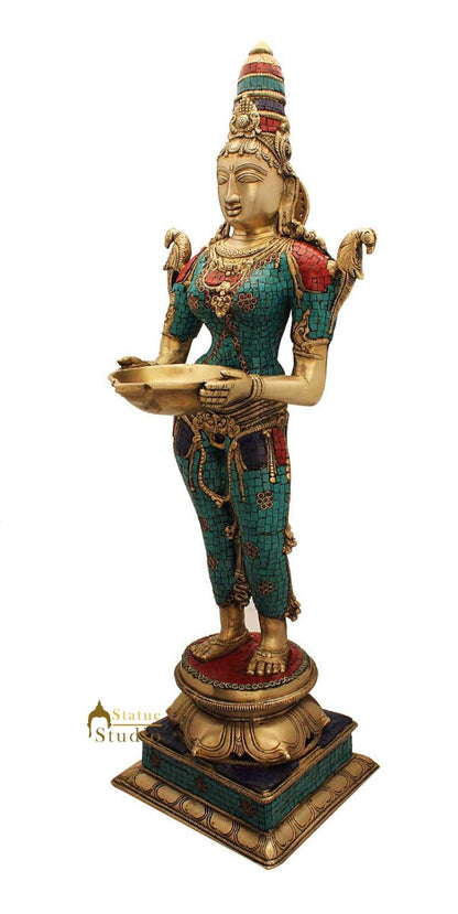 India brass deeplaxmi religious décor showpiece turquoise coral figurine 32" by vendor-unknown - Decor (View 3)