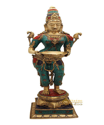India brass deeplaxmi religious décor showpiece turquoise coral figurine 32" by vendor-unknown - Decor