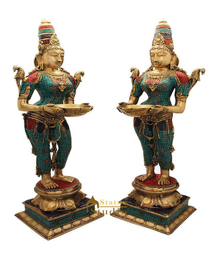 India brass deeplaxmi pair statue décor showpiece turquoise coral figure 32" by vendor-unknown - Decor