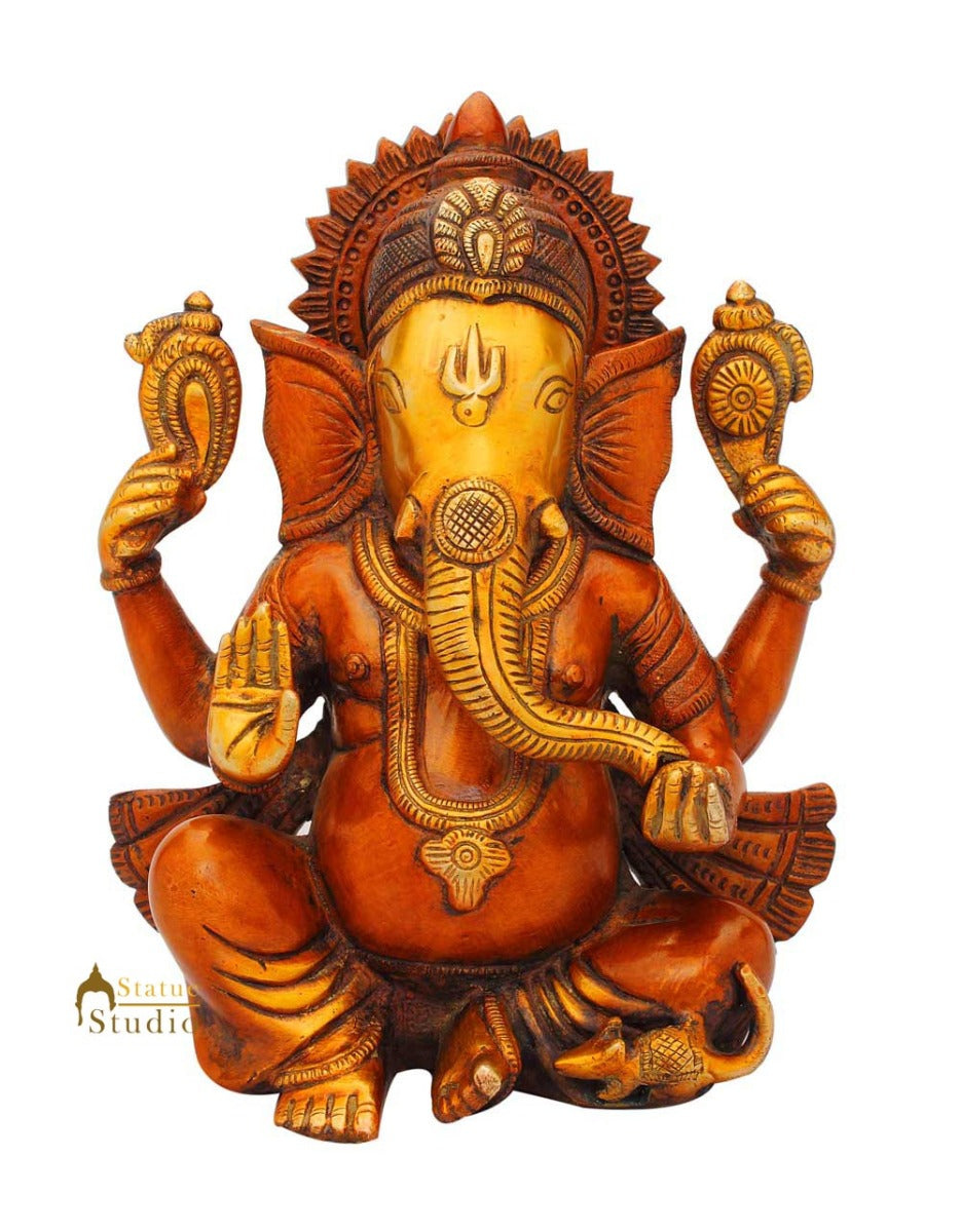 Brass ganeshji murti with mouse hindu gods elephant lord religious décor 9" - Image 2