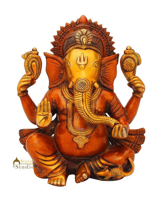 Brass ganeshji murti with mouse hindu gods elephant lord religious décor 9"