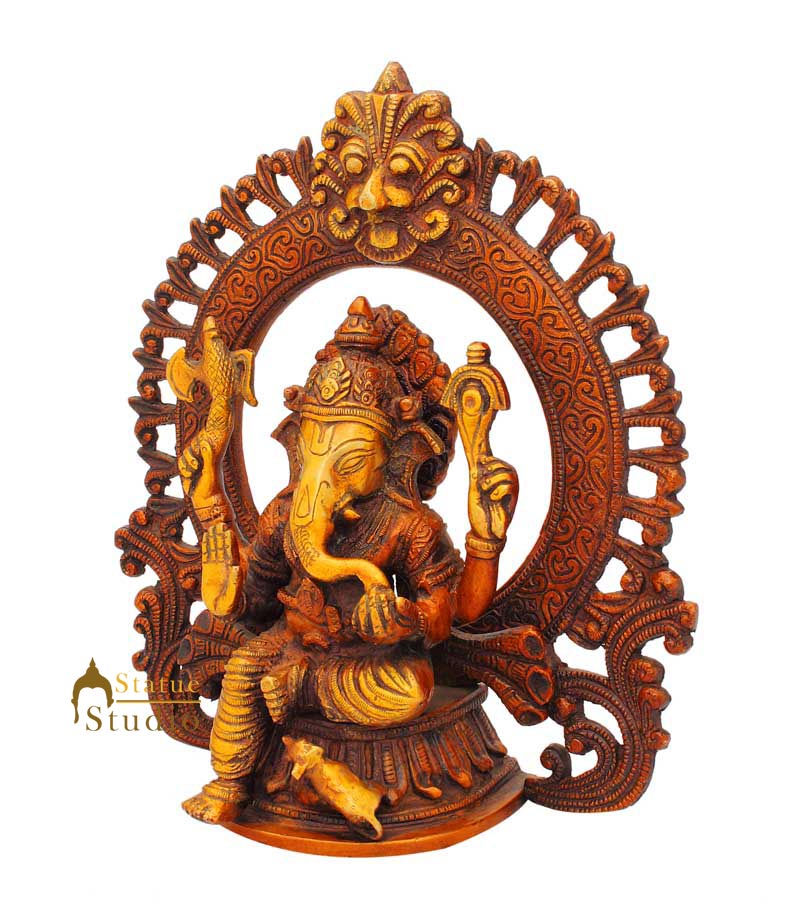 Brass ganesha idol figure with ring on top hindu gods religious décor 9"