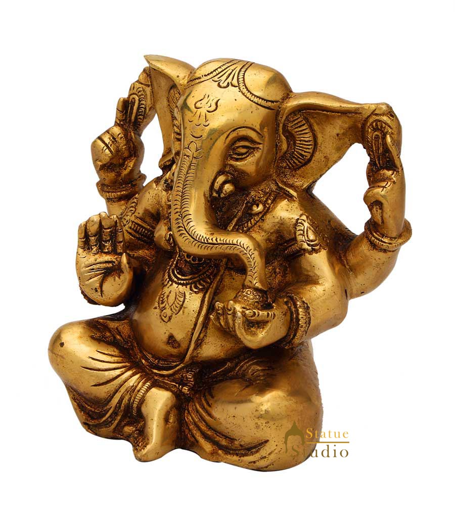 Brass sitting ganesha statue india hindu gods hand made figure sculpture 5" - Image 3