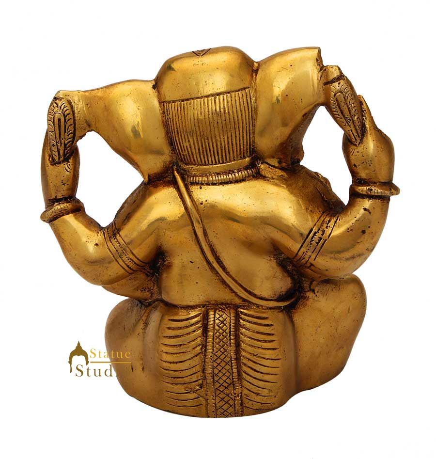 Brass sitting ganesha statue india hindu gods hand made figure sculpture 5"