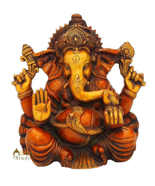 Brass sitting ganesha statue india hindu gods hand made figure sculpture 9"