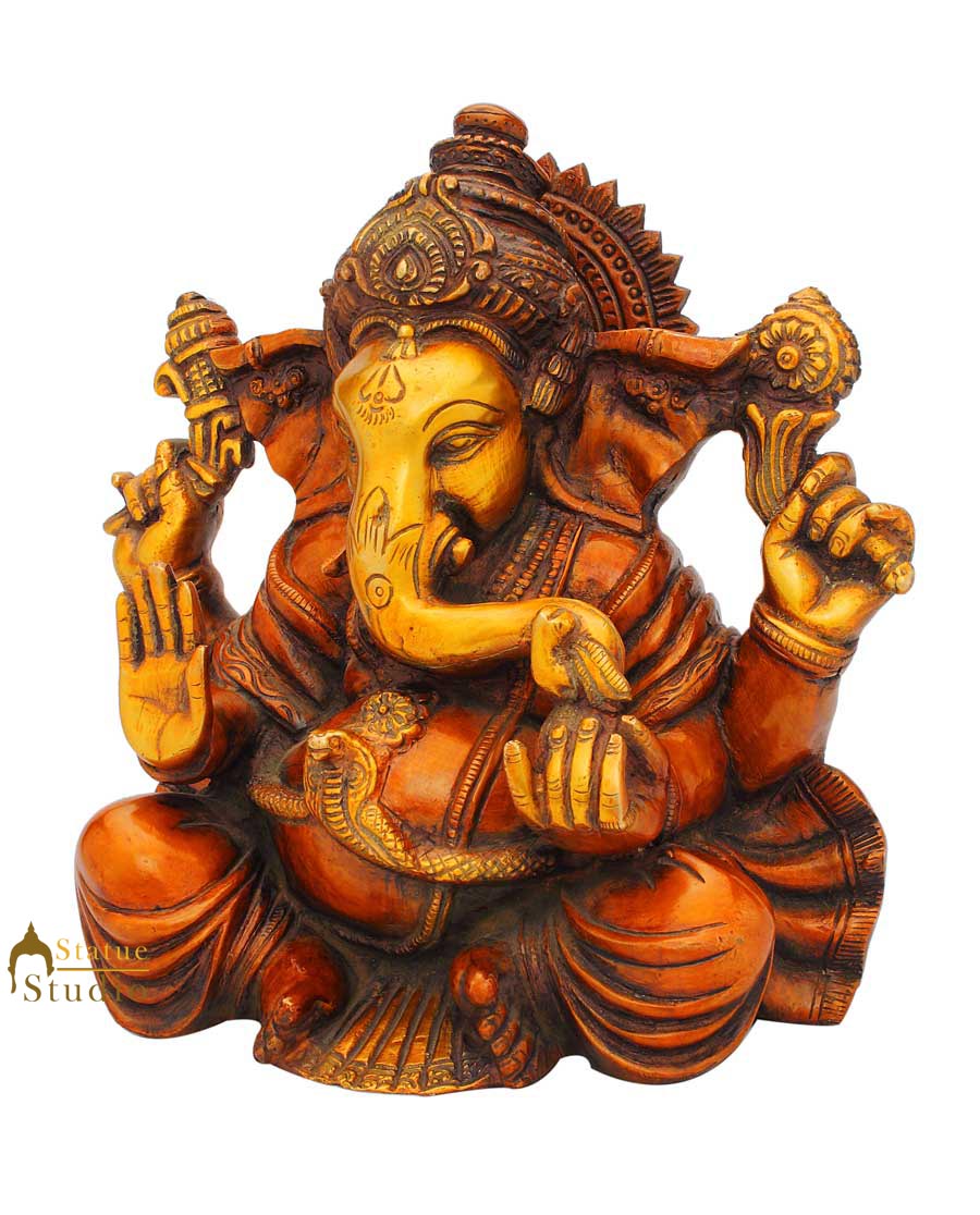 Brass sitting ganesha statue india hindu gods hand made figure sculpture 9"
