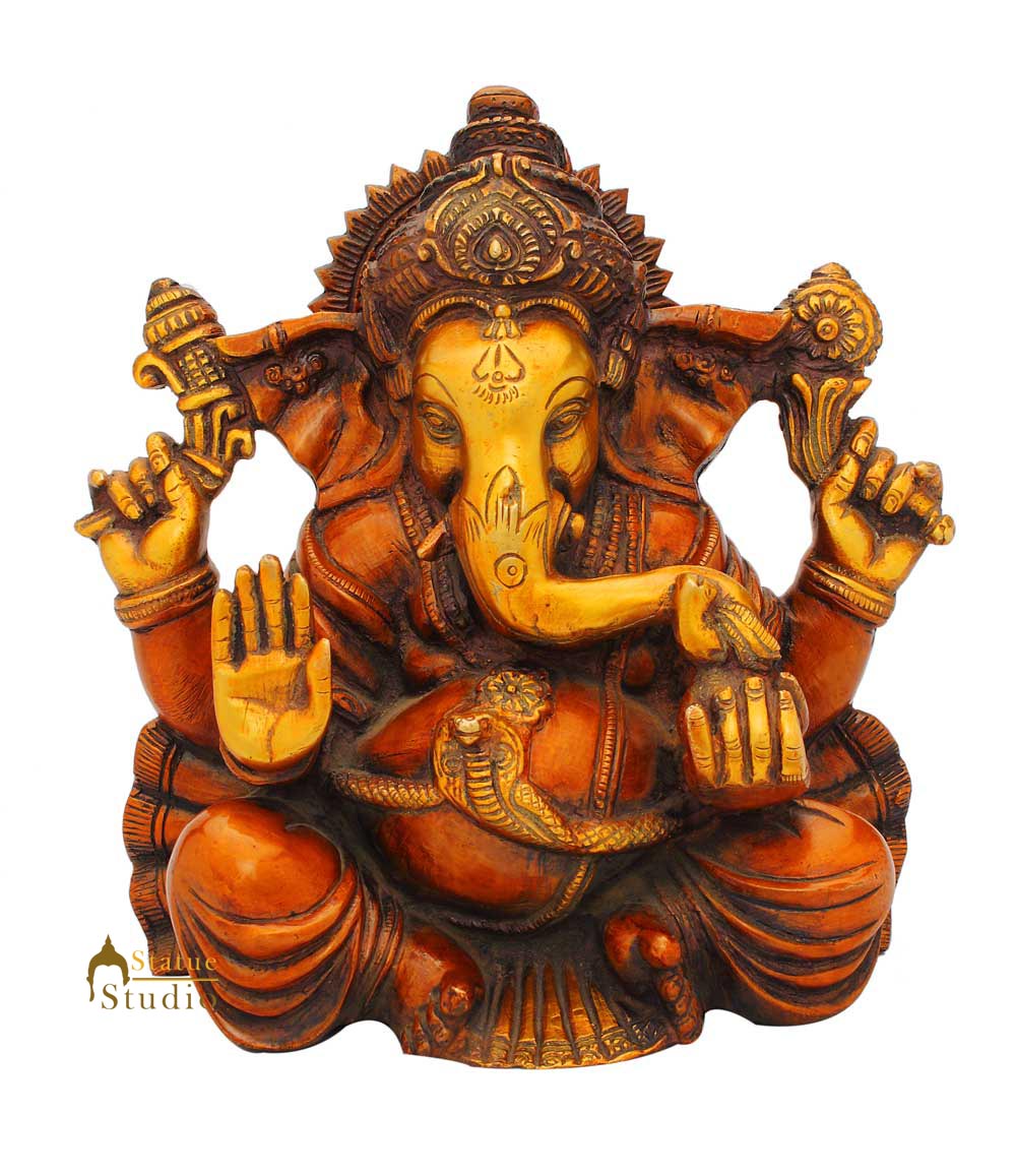 Brass sitting ganesha statue india hindu gods hand made figure sculpture 9" - Image 2