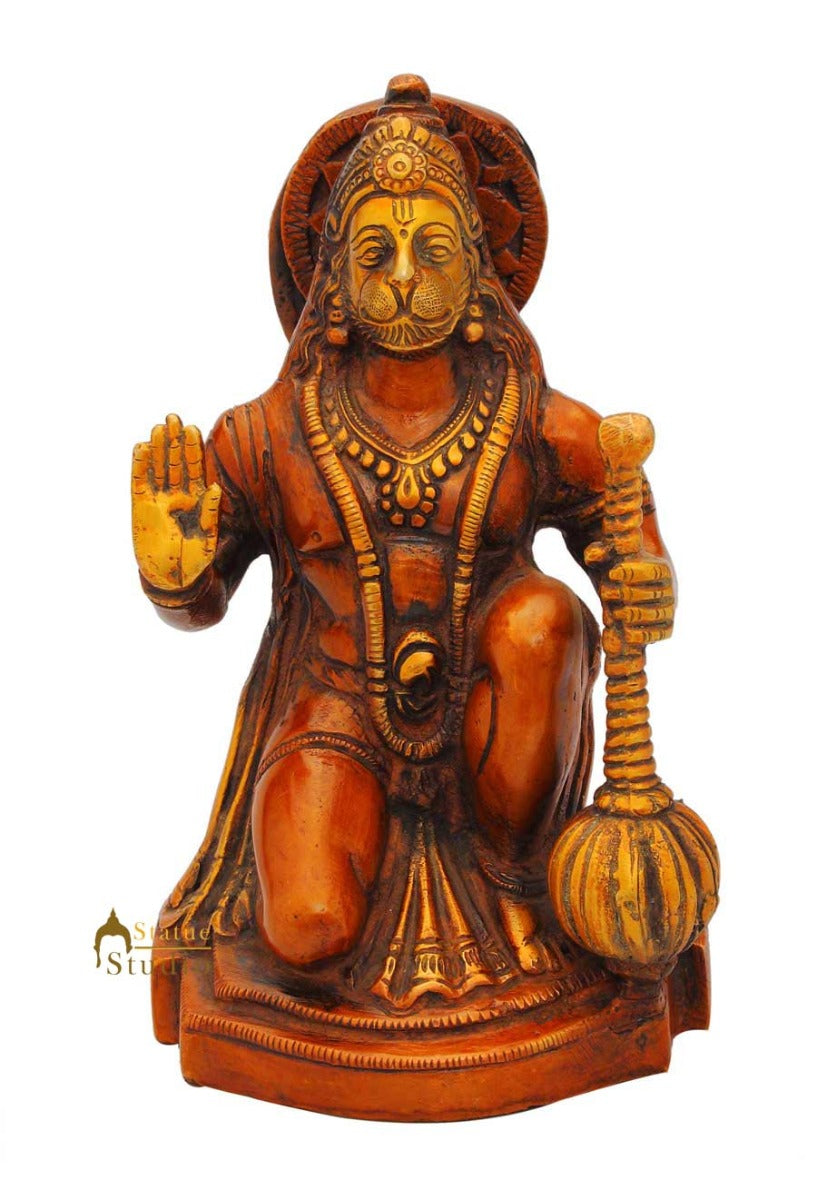 Brass Sitting Hanuman Idol Antique Finish For Home Decor 7" - Image 2