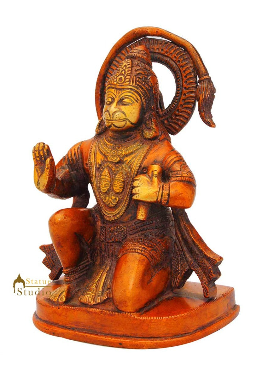 Brass Sitting Hanuman Statue Antique Finish For Home Decor 6"
