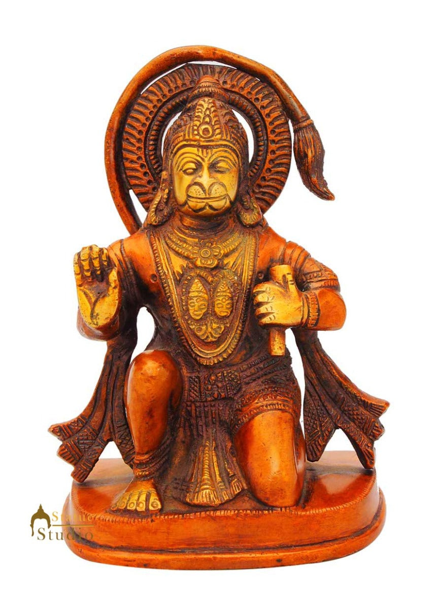 Brass Sitting Hanuman Statue Antique Finish For Home Decor 6"